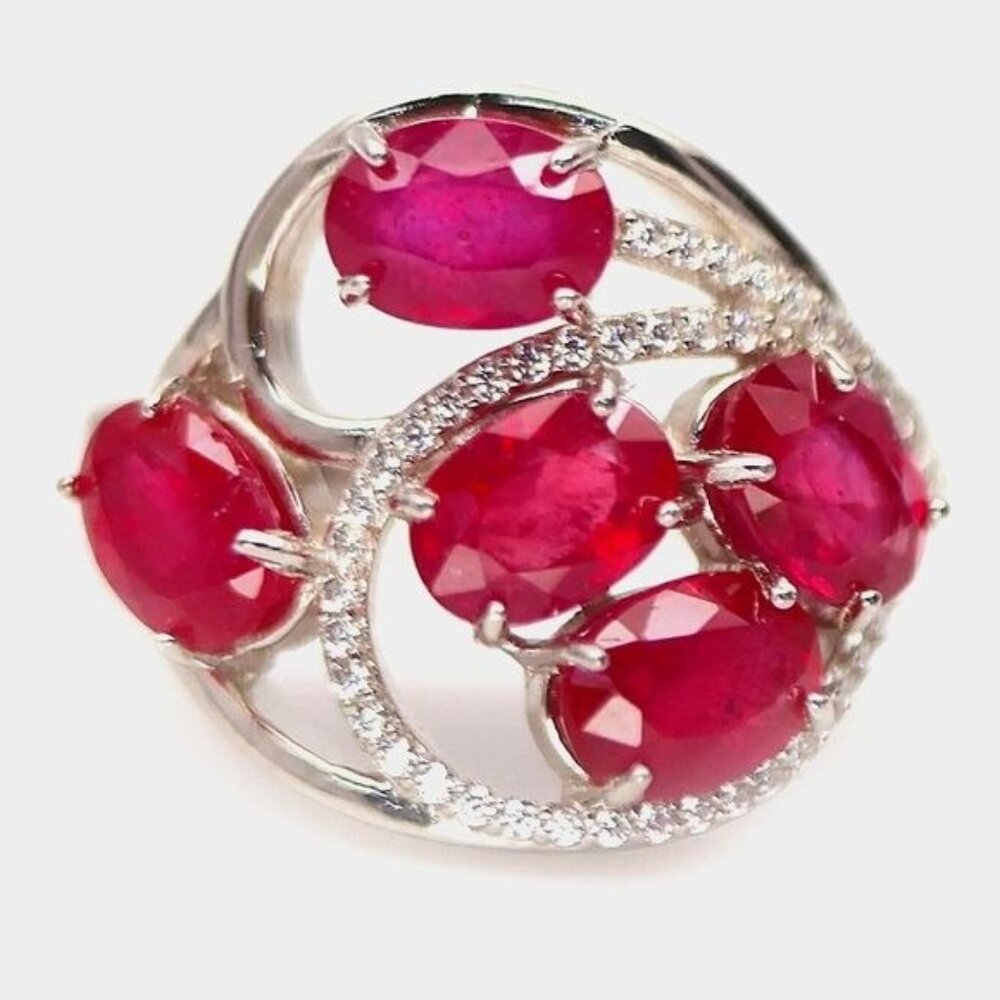 Heated Natural Pink Ruby & CZ Ring 925 Sterling Silver